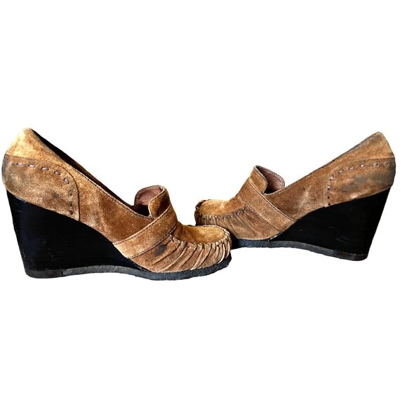 Biviel Brown Leather Wedge Loafers Sz 7 (38 EU) Womens 4" Heel w/ Side Buckle - Picture 9 of 13